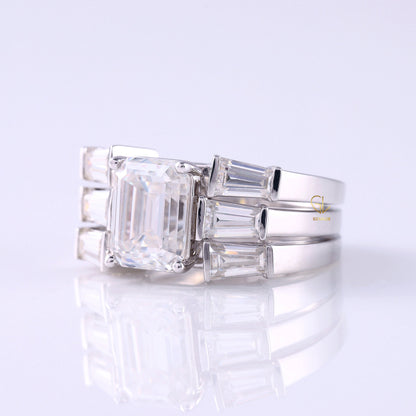 Three Stone Emerald Cut Moissanite Trio Ring Set