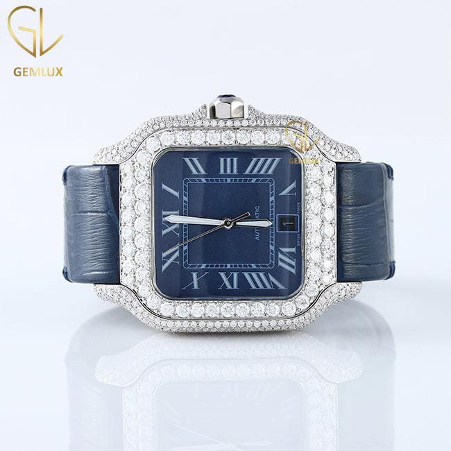 Roman Square Blue Dial Moissanite Diamond Leather Strap Watch