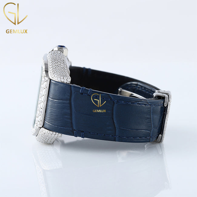 Roman Square Blue Dial Moissanite Diamond Leather Strap Watch