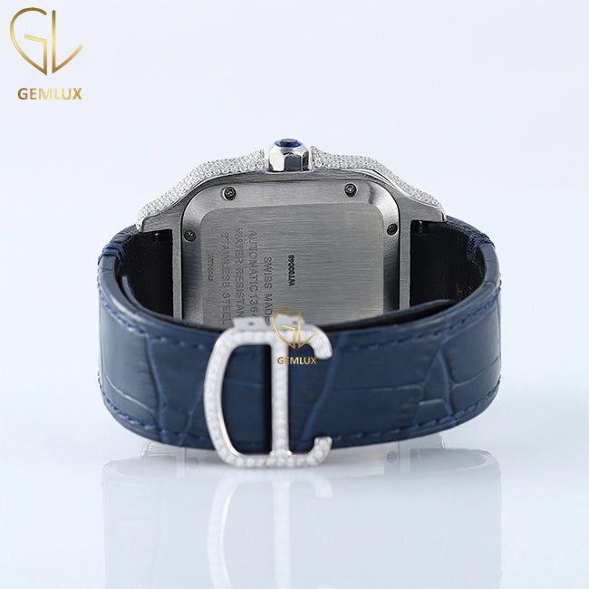 Roman Square Blue Dial Moissanite Diamond Leather Strap Watch