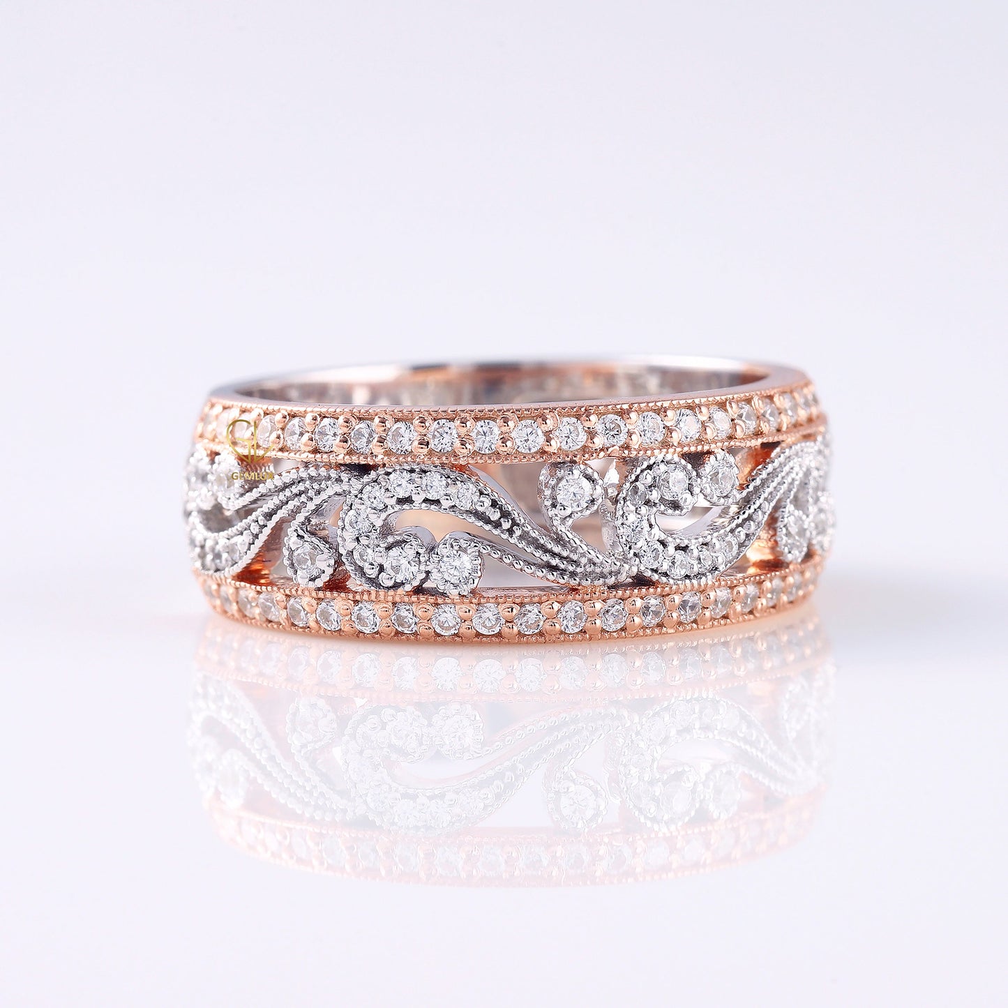Vintage Inspired Filigree Moissanite Two Tone Wedding Band