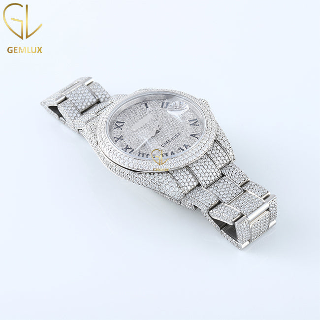 Iced Out Round Bezel Roman Dial Certified Lab Grown Diamond Watch