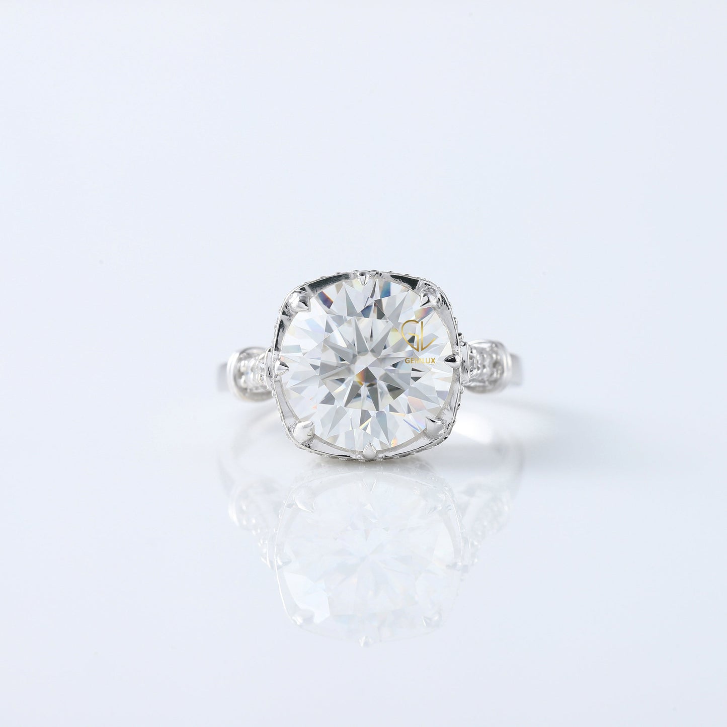 Art Deco Round Cut Moissanite Diamond Hidden Halo Engagement Ring