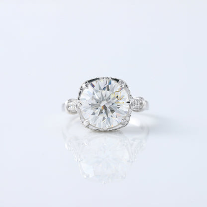 Art Deco Round Cut Moissanite Diamond Hidden Halo Engagement Ring
