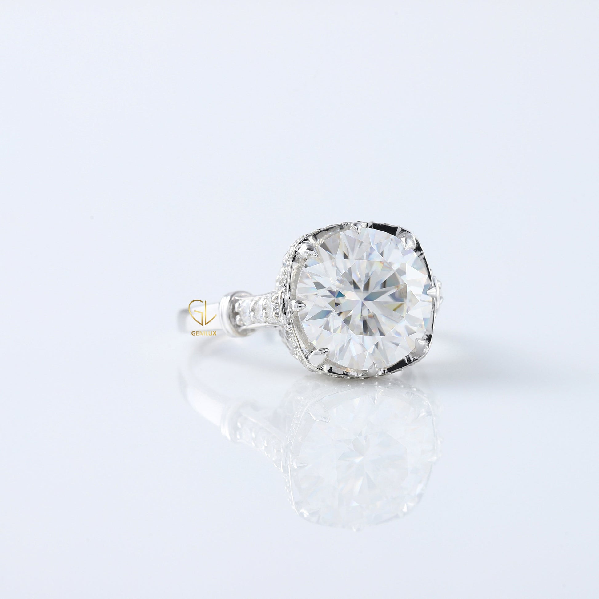 Art Deco Round Cut Moissanite Diamond Hidden Halo Engagement Ring