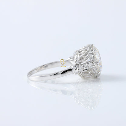 Art Deco Round Cut Moissanite Diamond Hidden Halo Engagement Ring