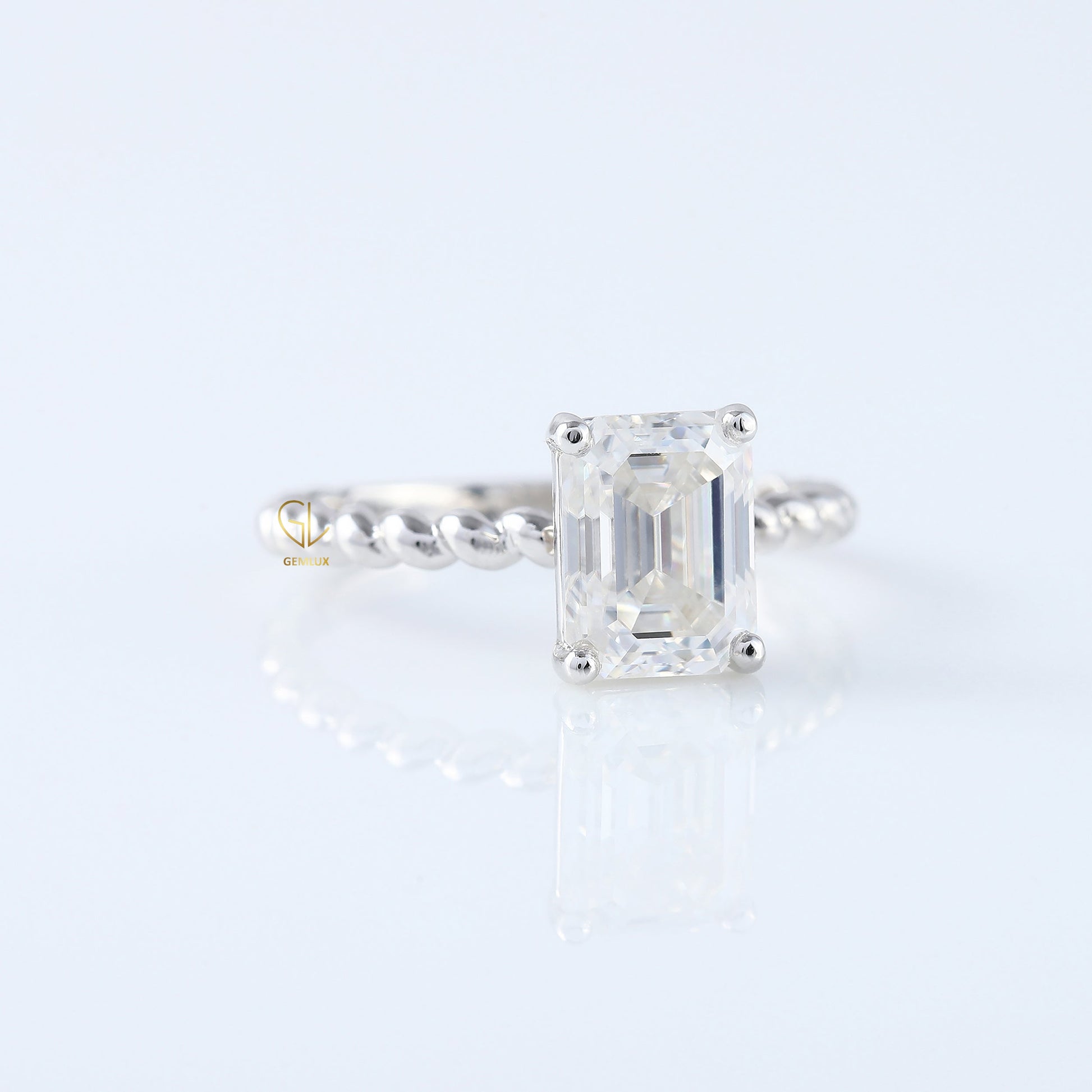 Twisted Emerald Cut Lab Grown Solitaire Rope Ring