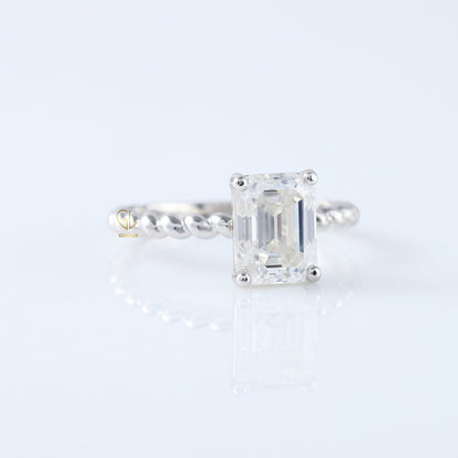 Twisted Emerald Cut Lab Grown Solitaire Rope Ring