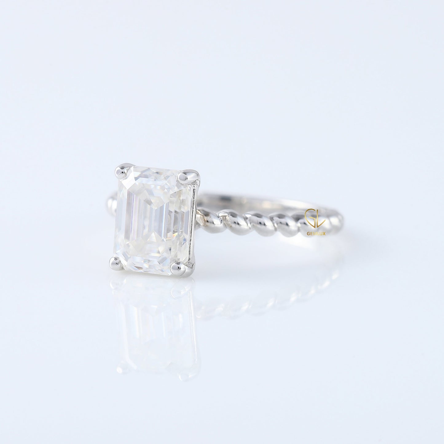 Twisted Emerald Cut Lab Grown Solitaire Rope Ring