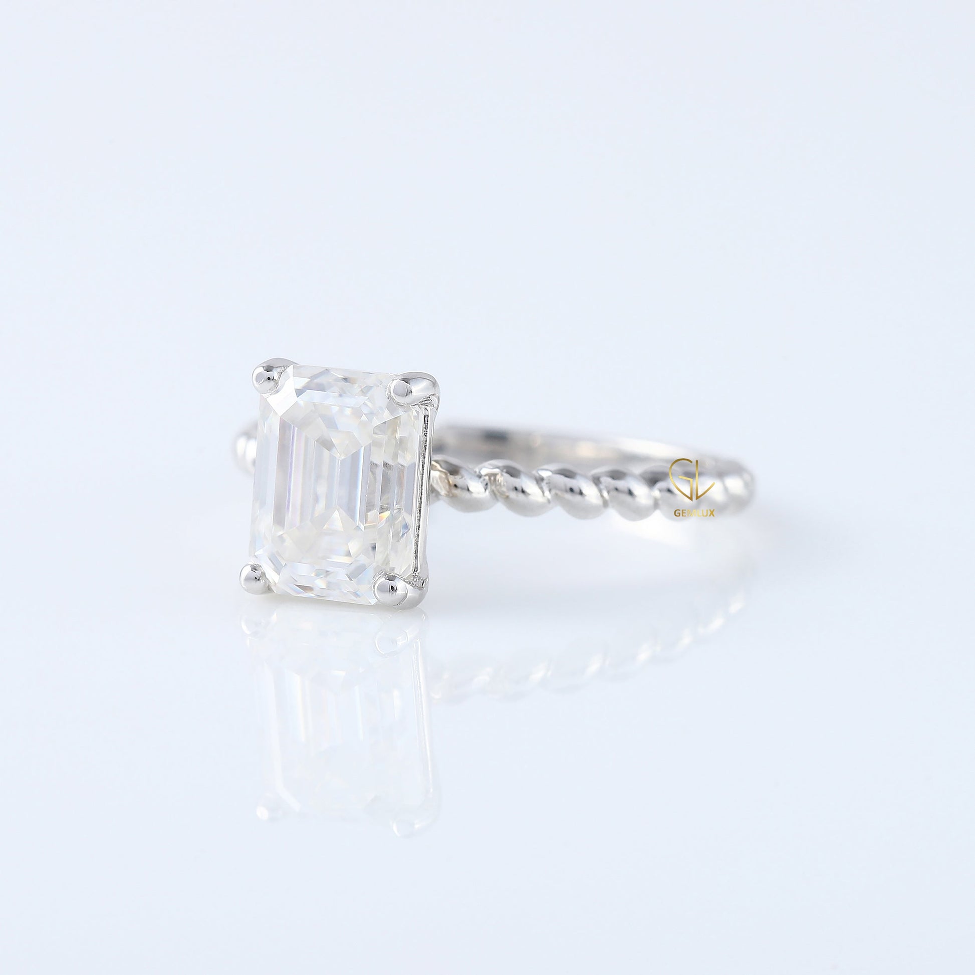 Twisted Emerald Cut Lab Grown Solitaire Rope Ring