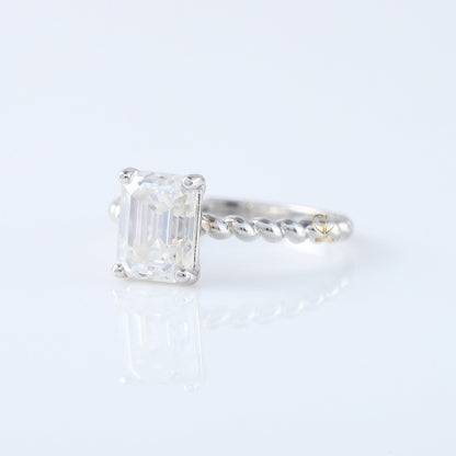 Twisted Emerald Cut Lab Grown Solitaire Rope Ring