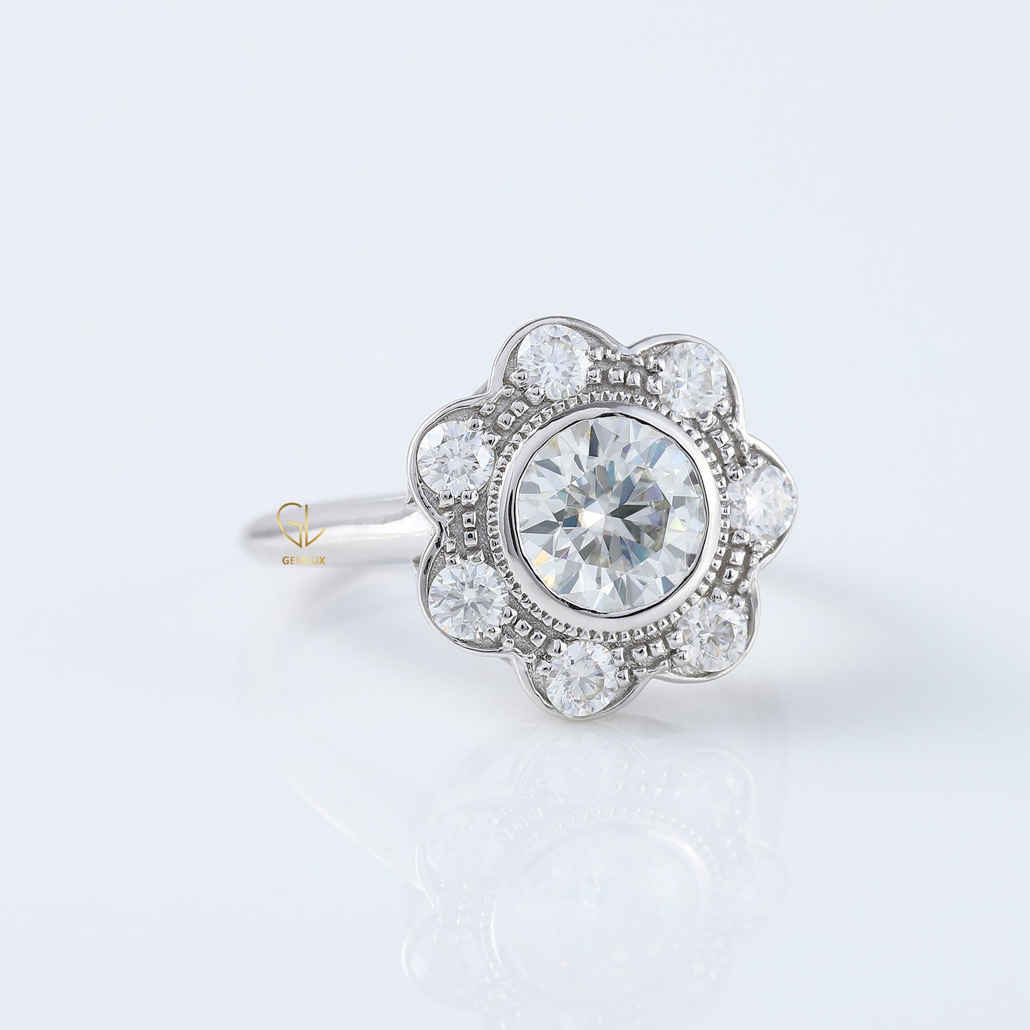 Floral Halo Bezel Set Round Moissanite Vintage Ring