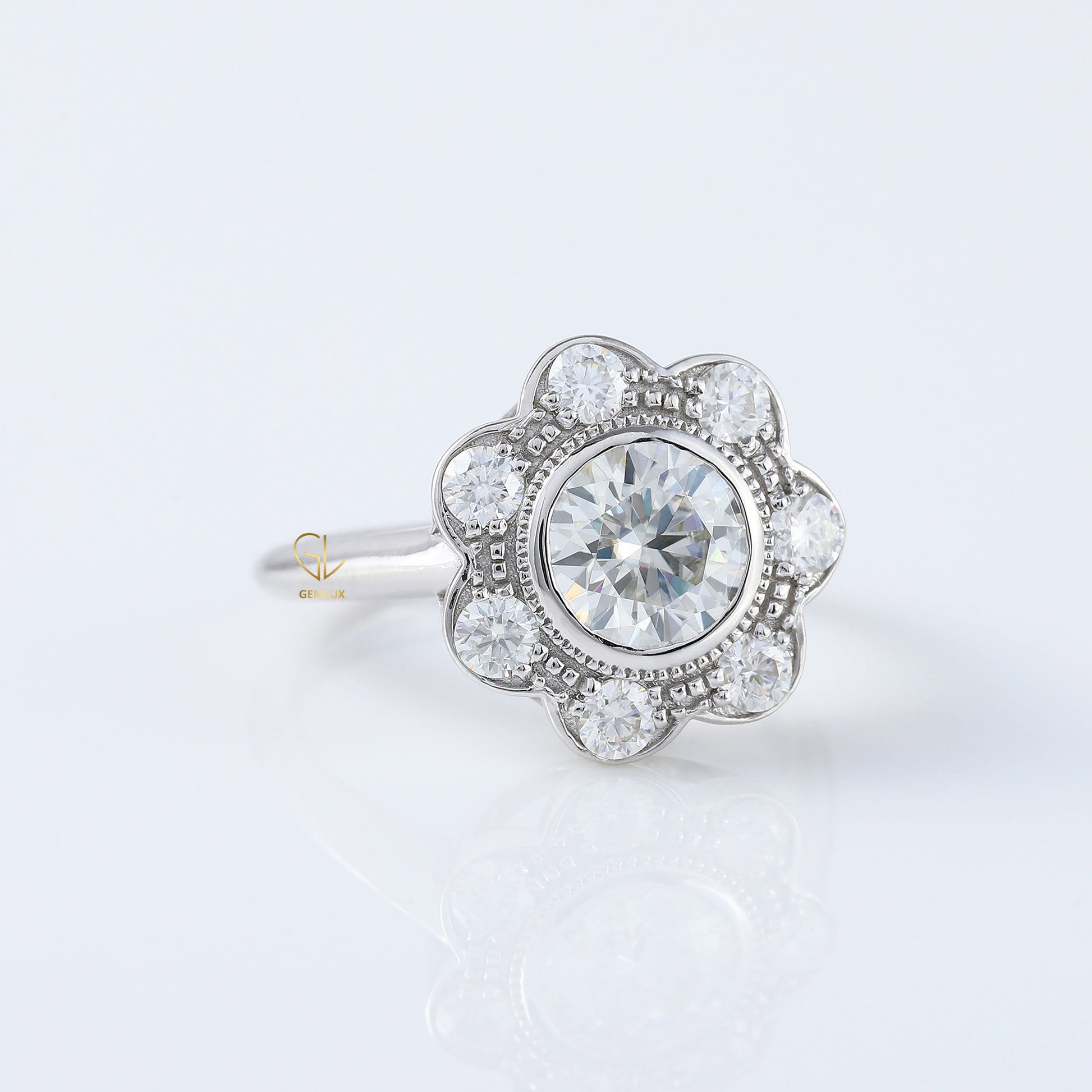 Bezel Set Floral Halo Round Lab Grown Vintage Ring