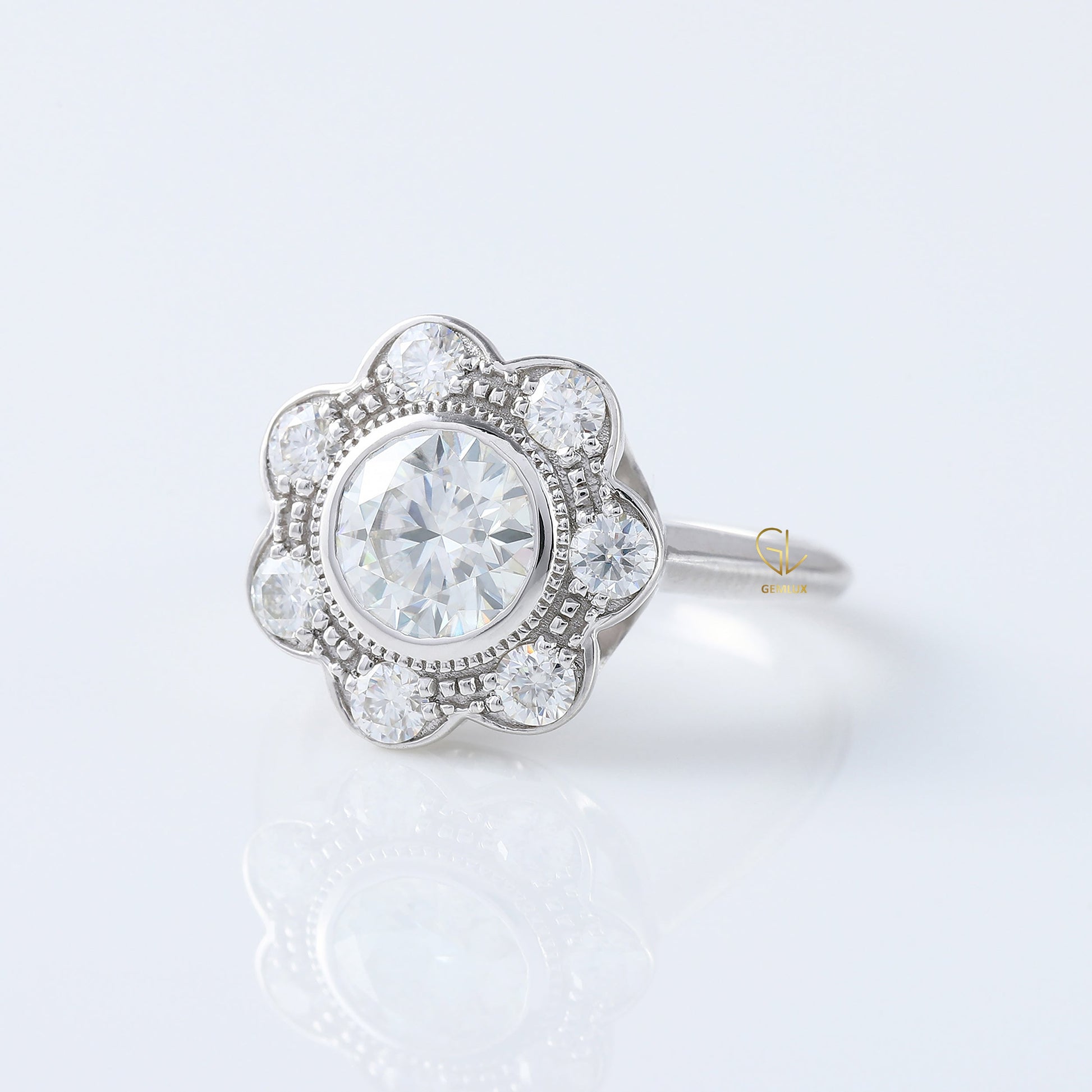 Floral Halo Bezel Set Round Moissanite Vintage Ring