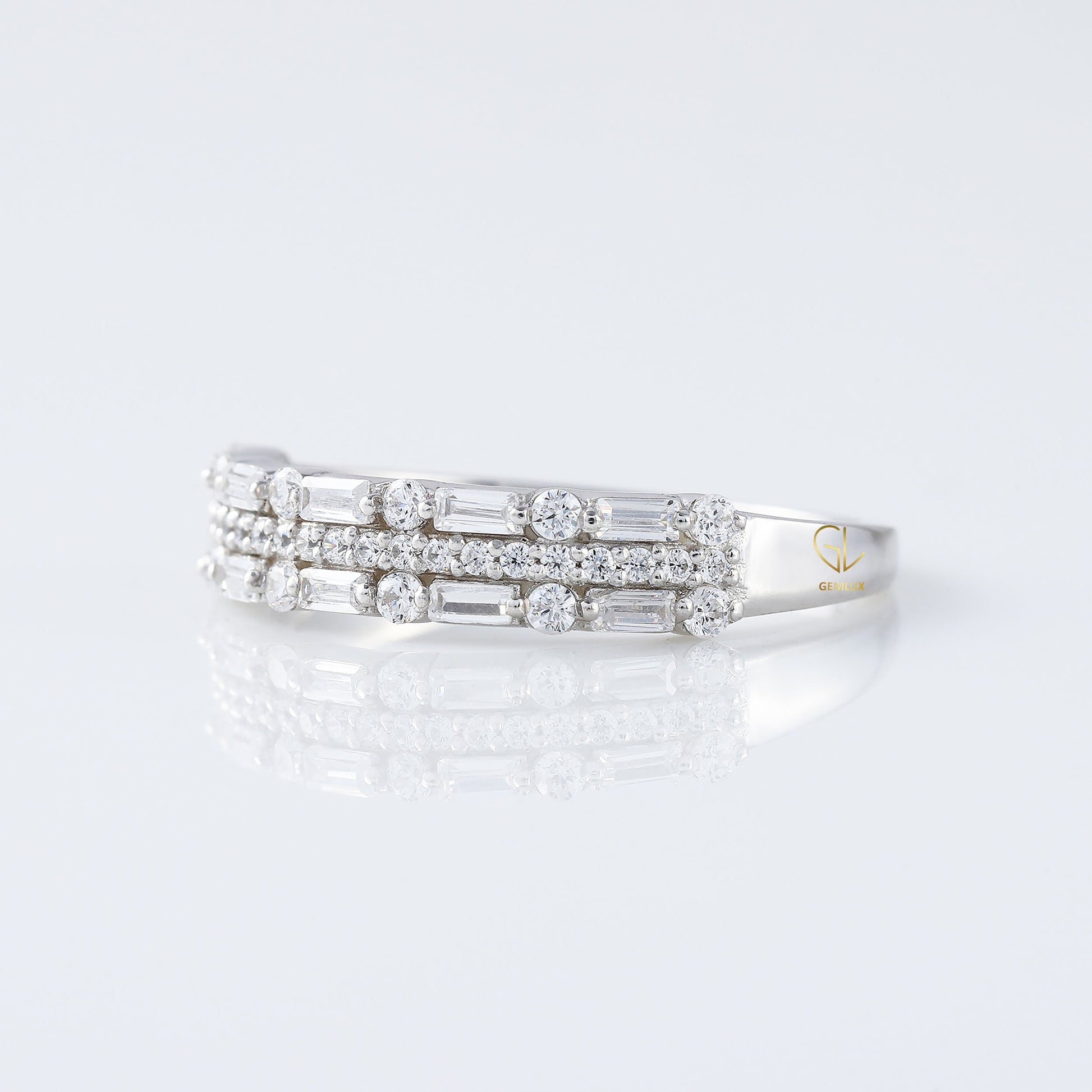 Round & Baguette Cut Three Row Lab Grown Eternity Band