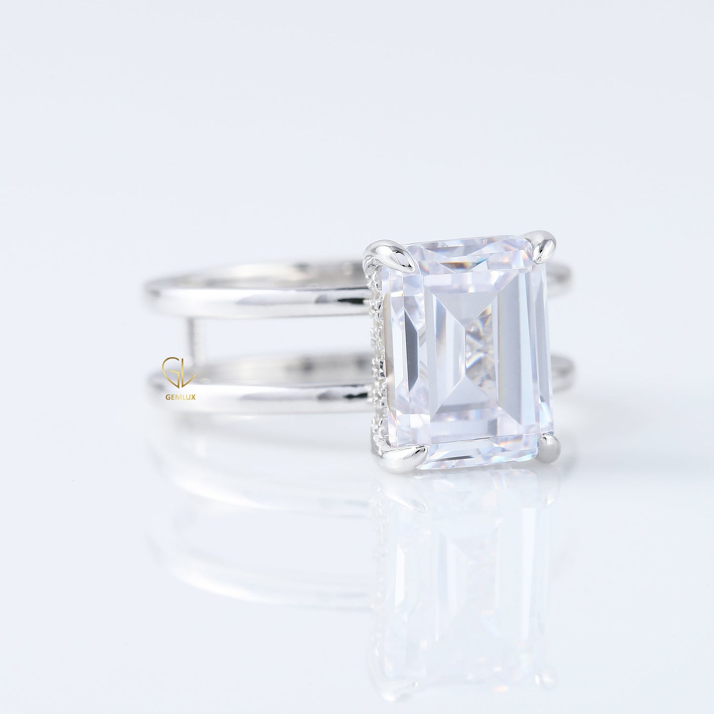 4ct Emerald Cut Lab Grown Double Band Solitaire Ring