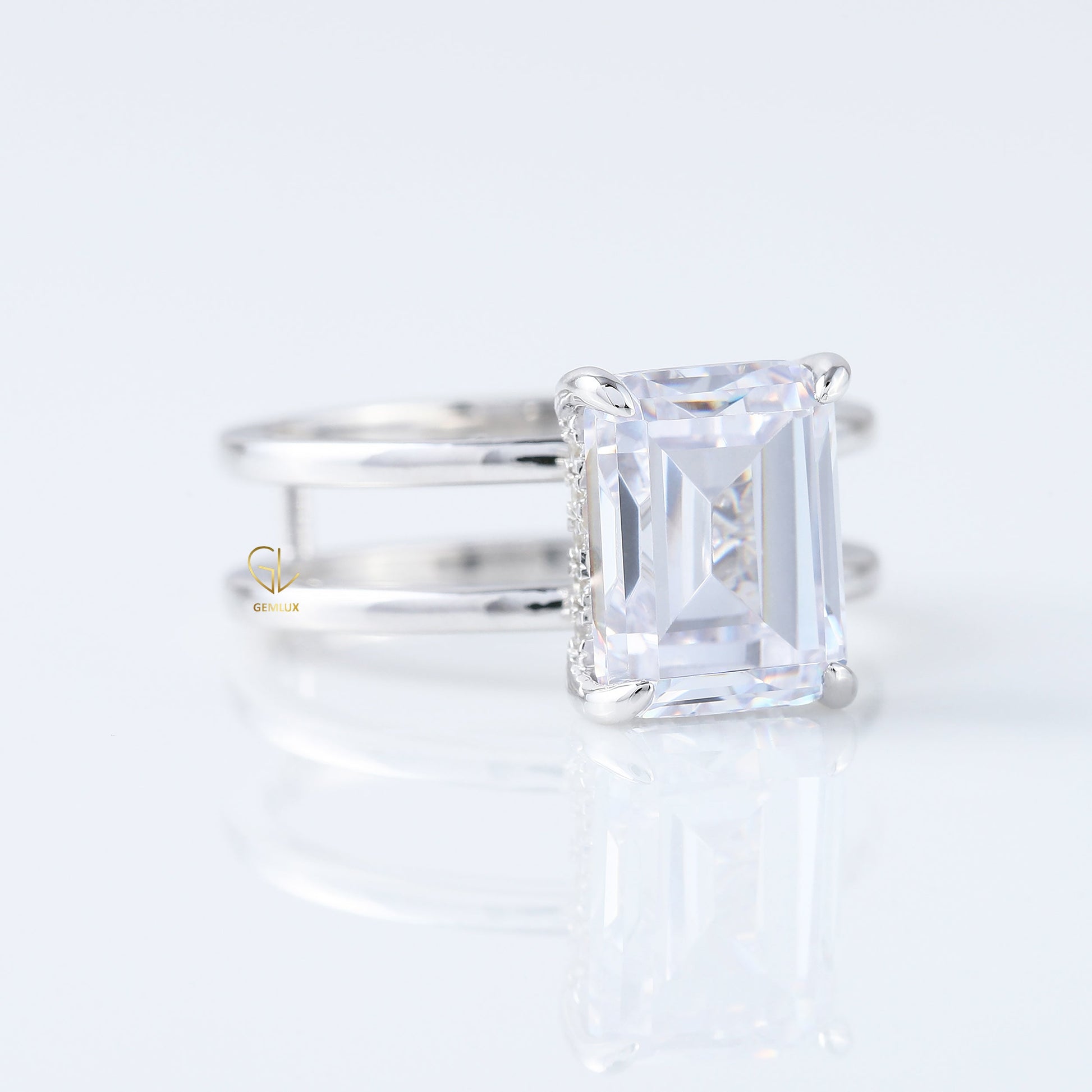 4ct Emerald Cut Lab Grown Double Band Solitaire Ring