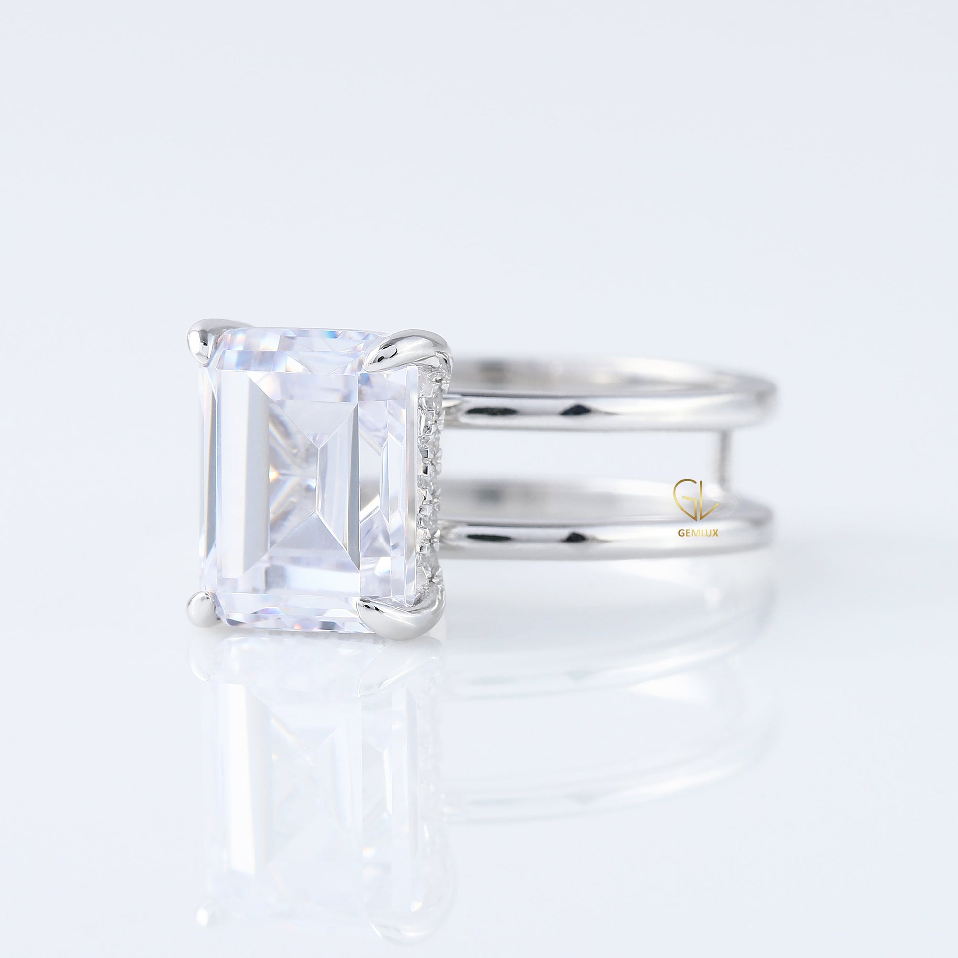 4ct Emerald Cut Lab Grown Double Band Solitaire Ring