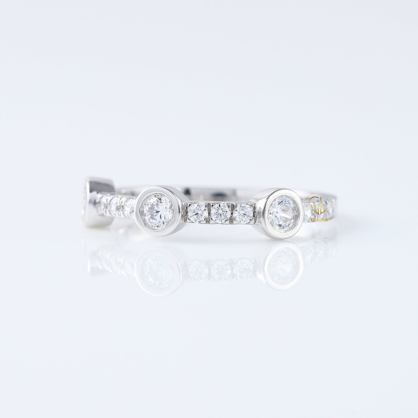 Bubble Style Three Stone Round Moissanite Bezel Set Eternity Band