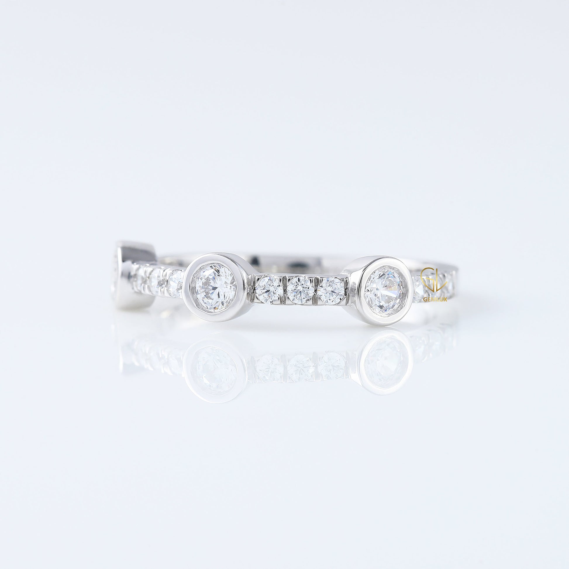 Three Stone Bubble Style Round Lab Grown Bezel Set Eternity Band, stacking band
