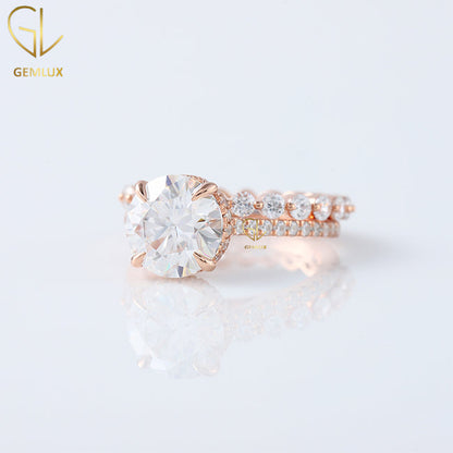 Bridal Ring Set, 4CT Round Cut Moissanite Diamond Engagement Ring, Hidden Halo Solitaire With Accent Ring, Floatig Bubble Eternity Wedding Band