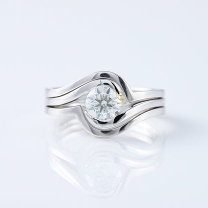 Round Cut Moissanite Diamond Swirl Bypass Engagement Trio Ring Set