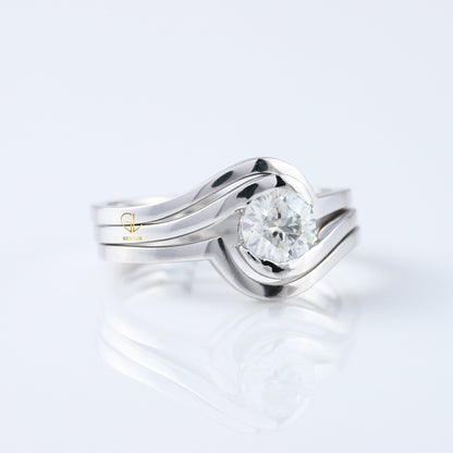 Round Cut Moissanite Diamond Swirl Bypass Engagement Trio Ring Set