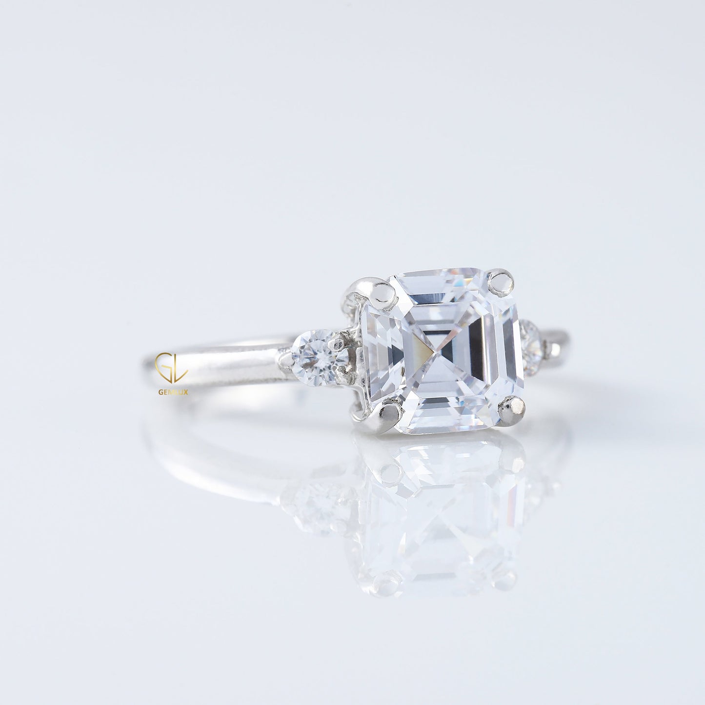 Three Stone 1.5 Ct Asscher Cut Moissanite Trilogy Engagement Ring