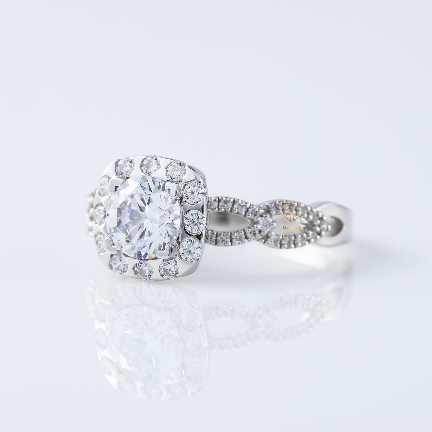 Twisted Round Moissanite Halo Infinity Shank Engagement Ring