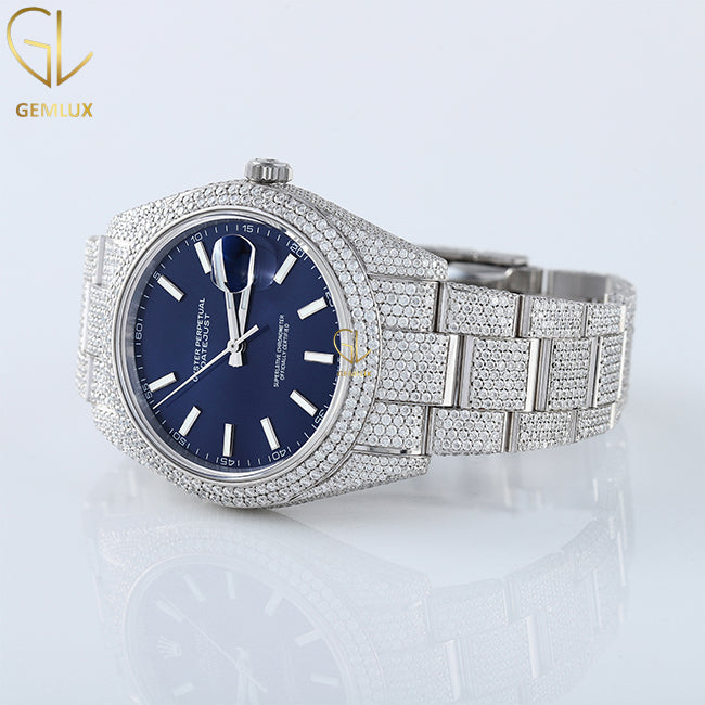 Iced Out VVS Moissanite Diamond Blue Dial Auto Date Hiphop Watch