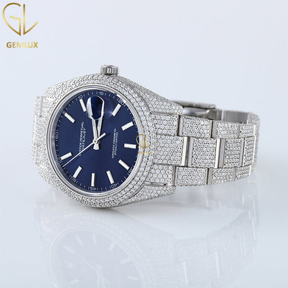 Iced Out VVS Moissanite Diamond Blue Dial Auto Date Hiphop Watch