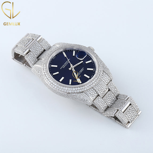 Iced Out VVS Moissanite Diamond Blue Dial Auto Date Hiphop Watch