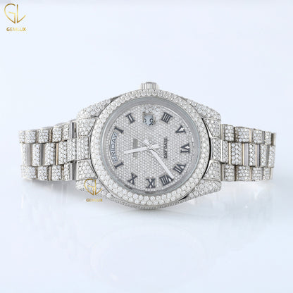 
Day Date Roman Dial Automatic Movement Iced Out Lab Grown Hip Hop Watch
