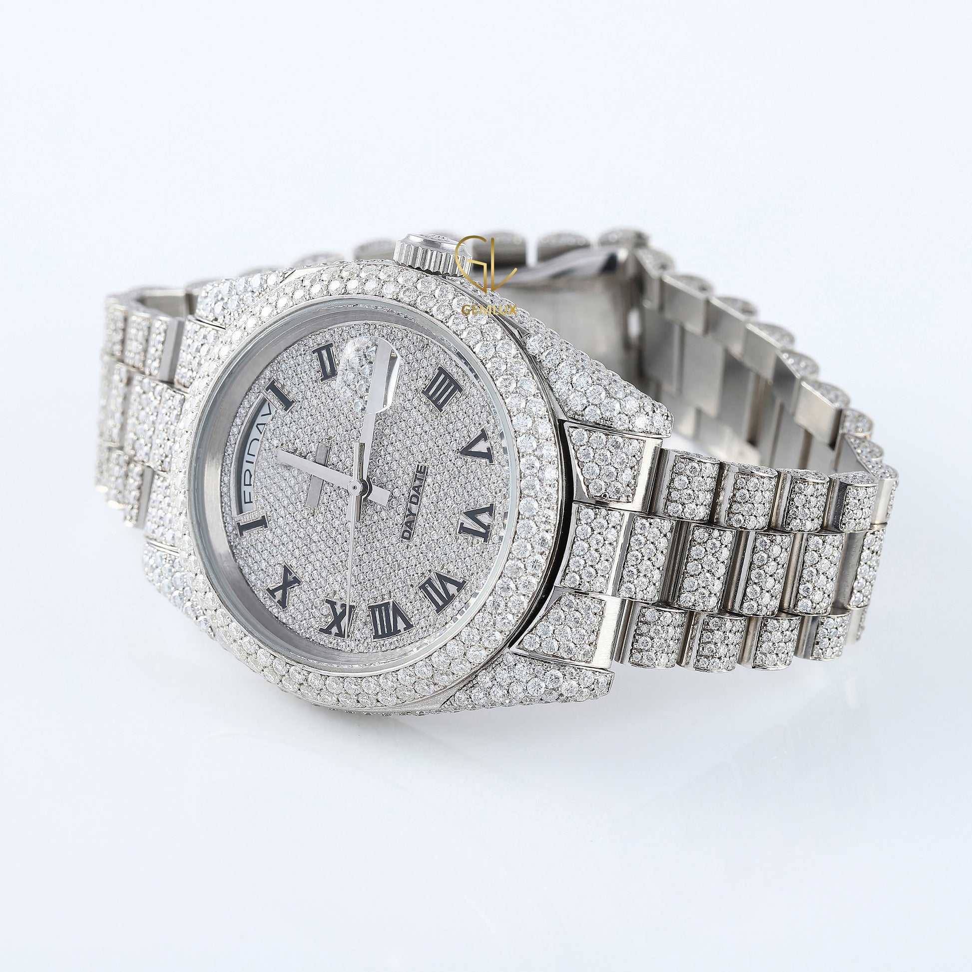 Iced Out Roman Dial Day Date VVS Moissanite Diamond Watch
