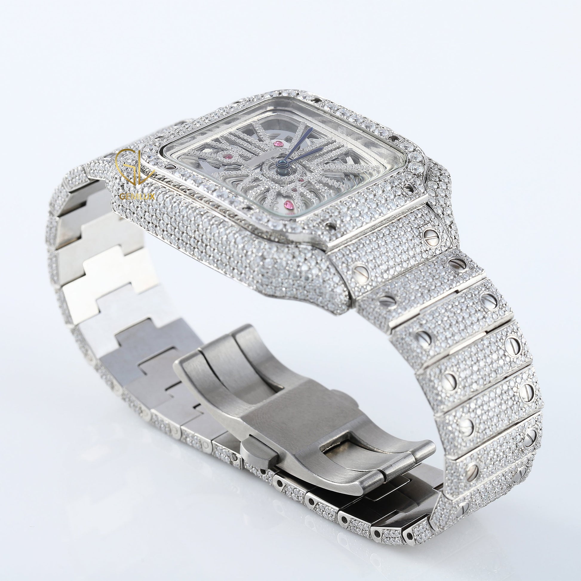 Square Skelton Dial Iced Out VVS Moissanite Diamond Wrist Watch