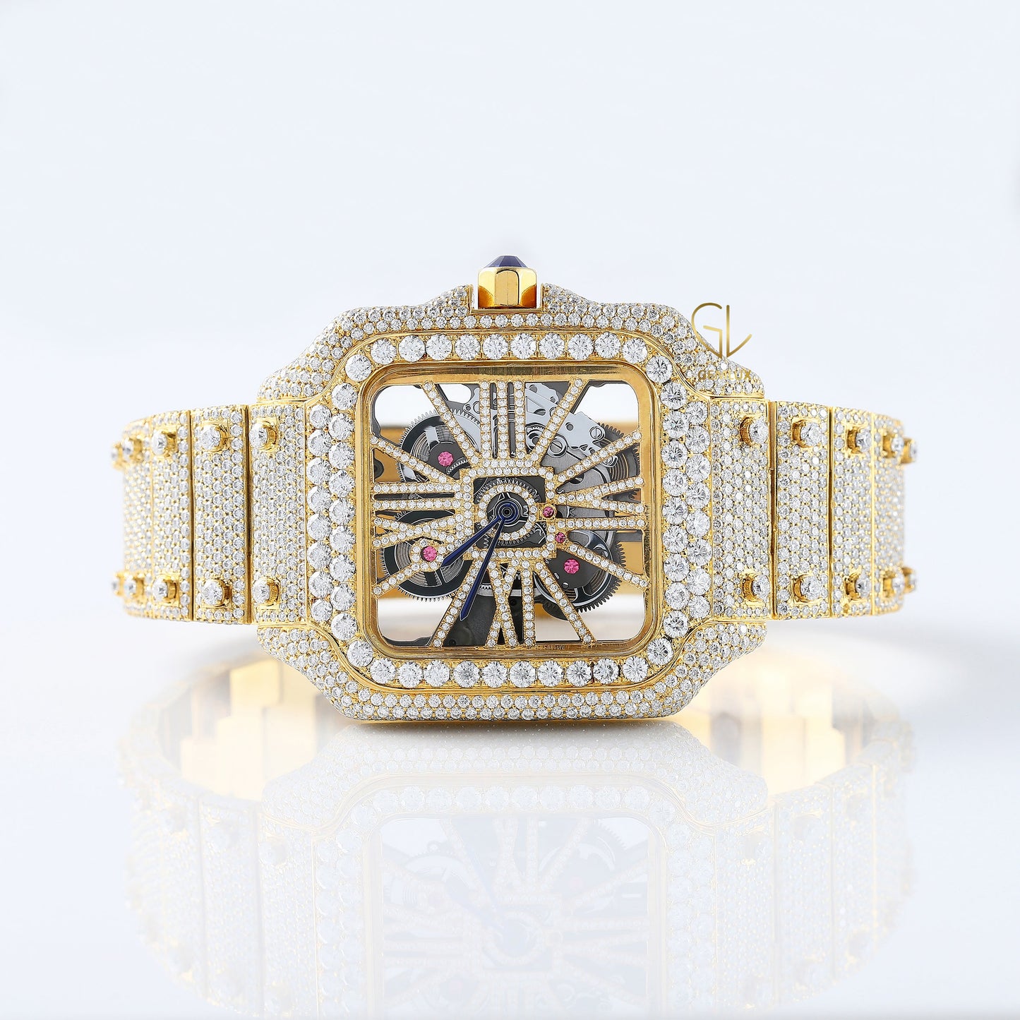 Skelton Dial Yellow Gold Plated Iced Out D VVS Moissanite Watch