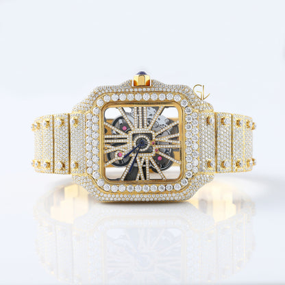 Skelton Dial Yellow Gold Plated Iced Out D VVS Moissanite Watch