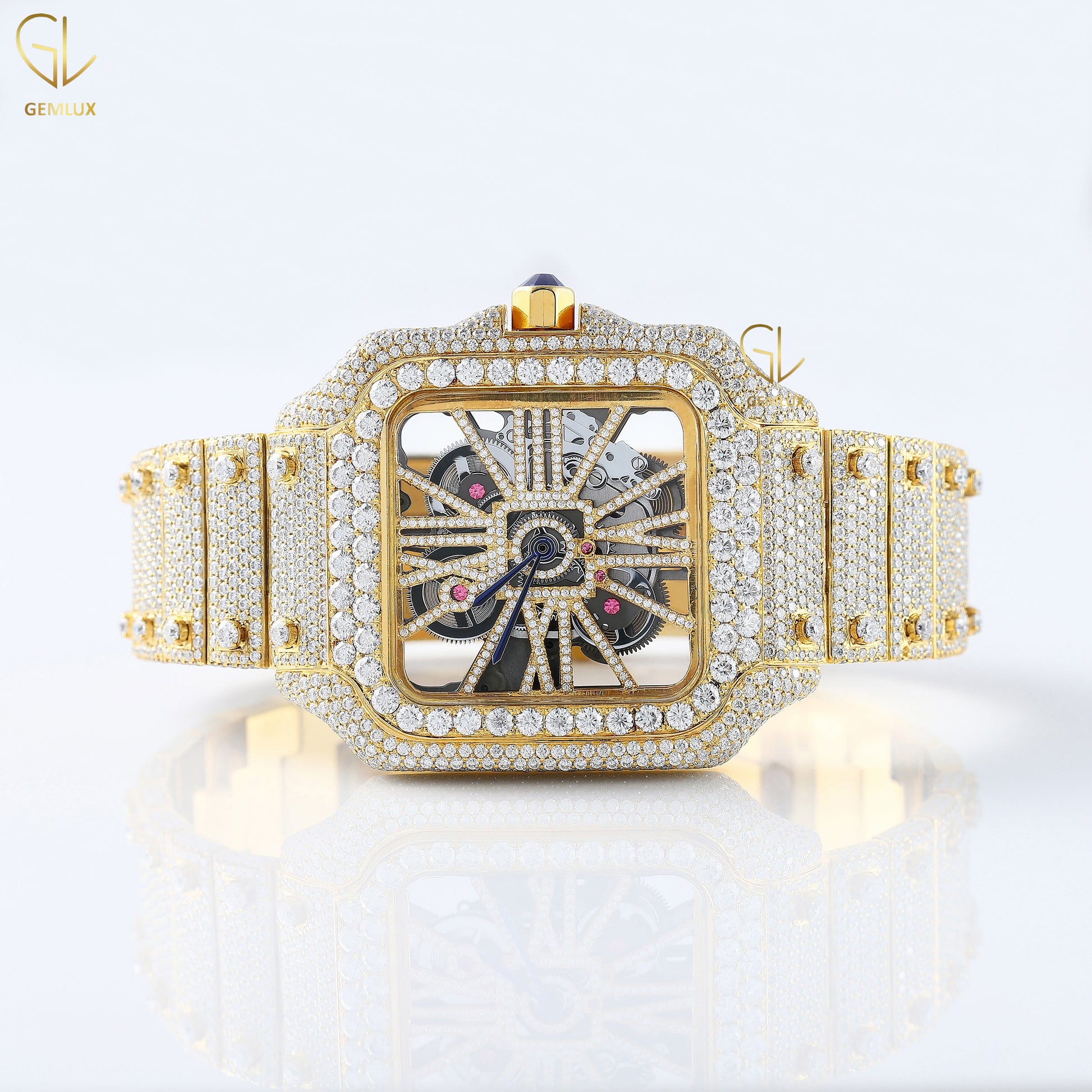 Yellow Gold Plated Skeleton Square Dial Lab Grown Diamond Watch