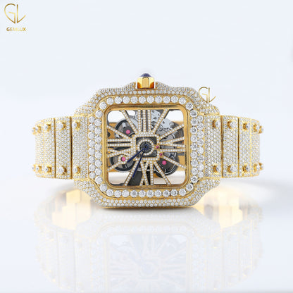 Yellow Gold Plated Skeleton Square Dial Lab Grown Diamond Watch