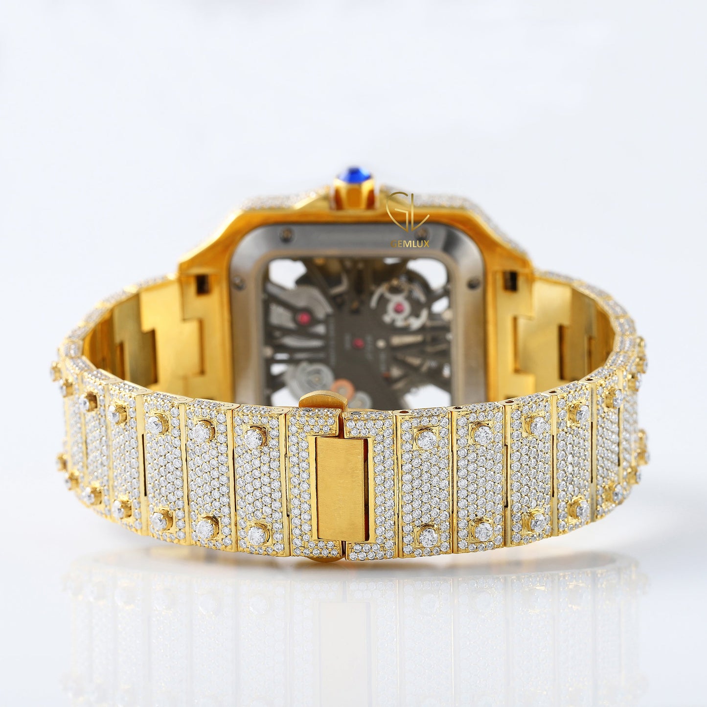 Skelton Dial Yellow Gold Plated Iced Out D VVS Moissanite Watch