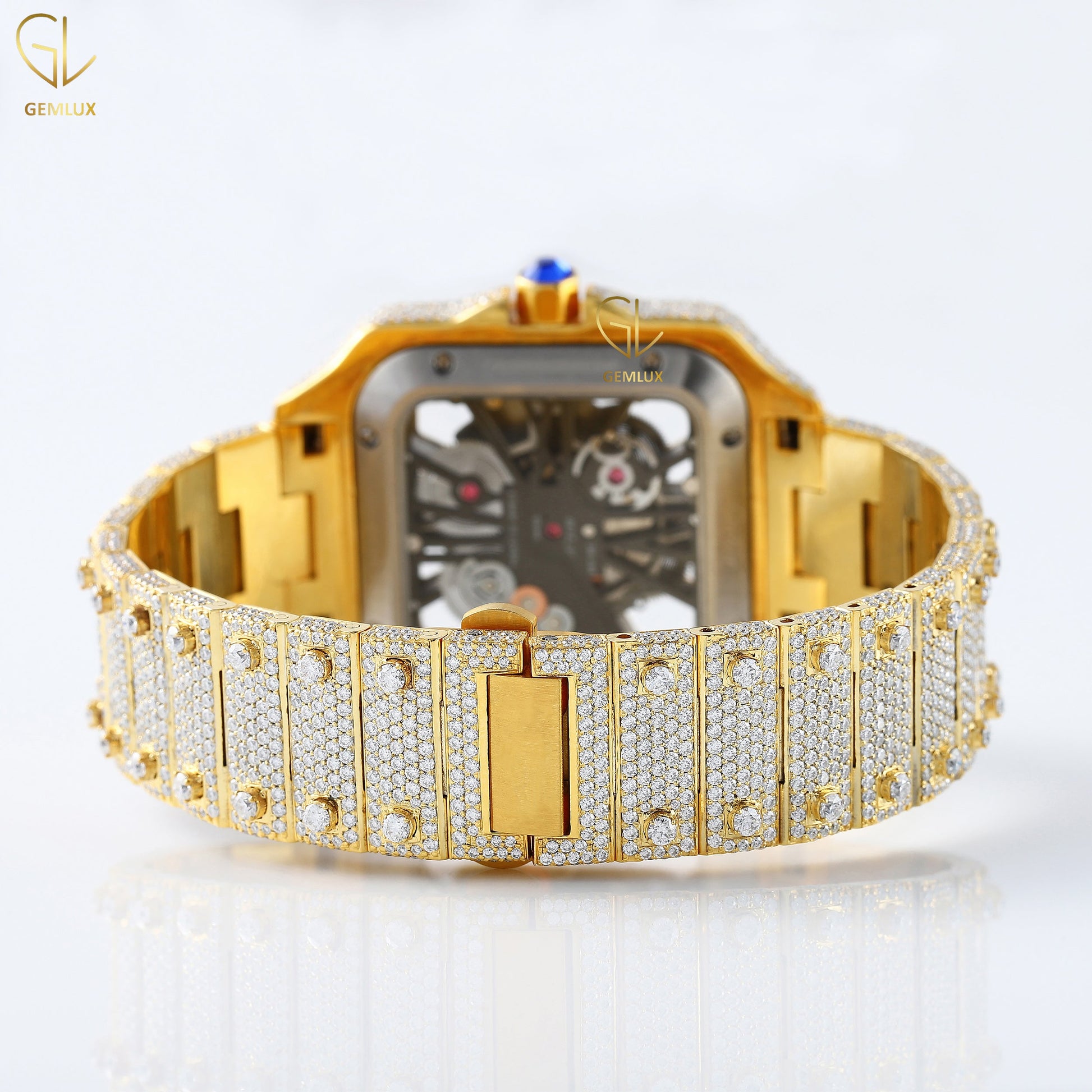 Yellow Gold Plated Skeleton Square Dial Lab Grown Diamond Watch