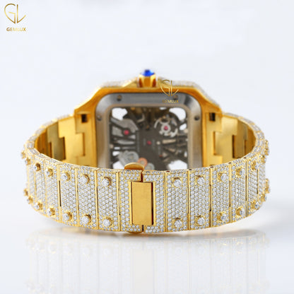 Yellow Gold Plated Skeleton Square Dial Lab Grown Diamond Watch