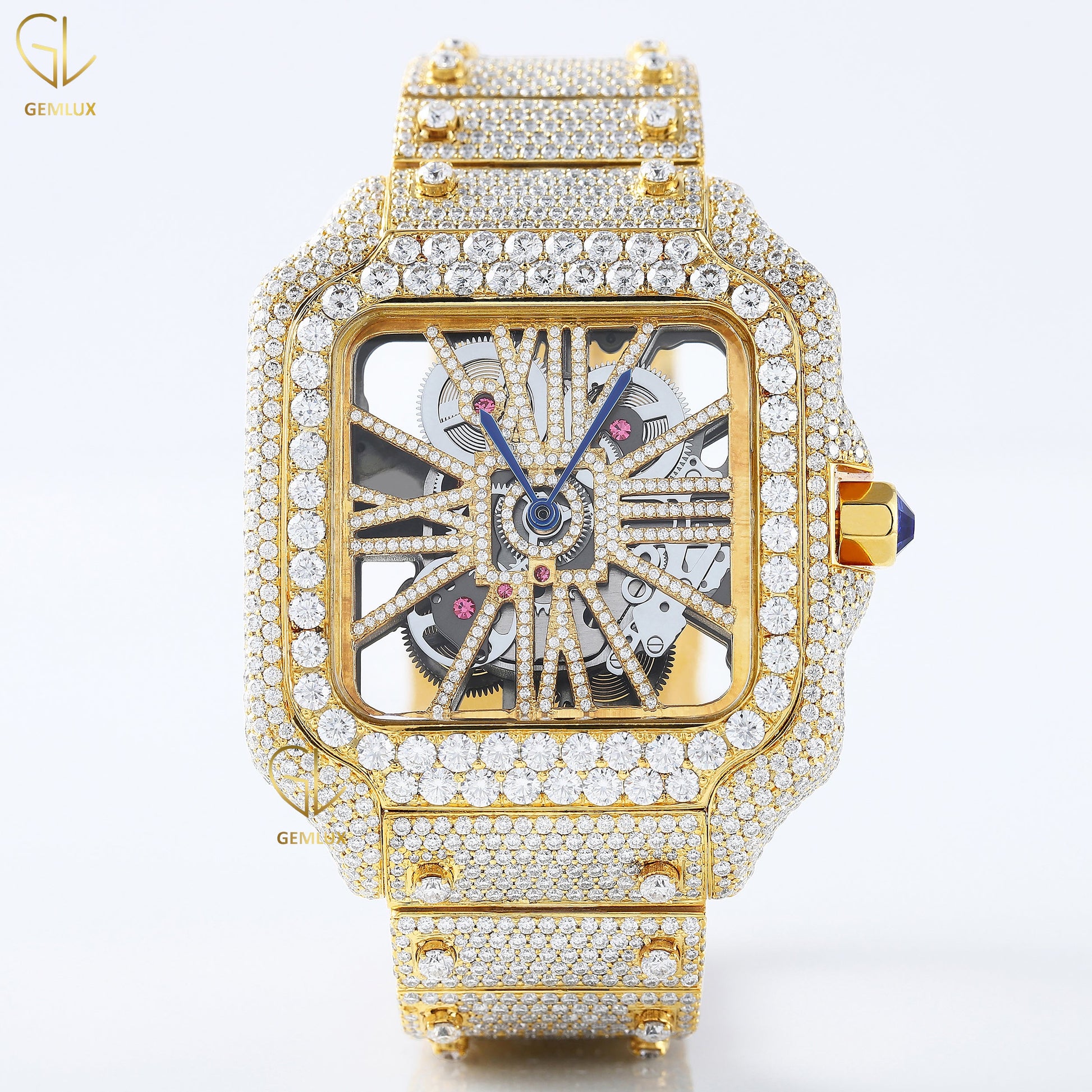 Yellow Gold Plated Skeleton Square Dial Lab Grown Diamond Watch