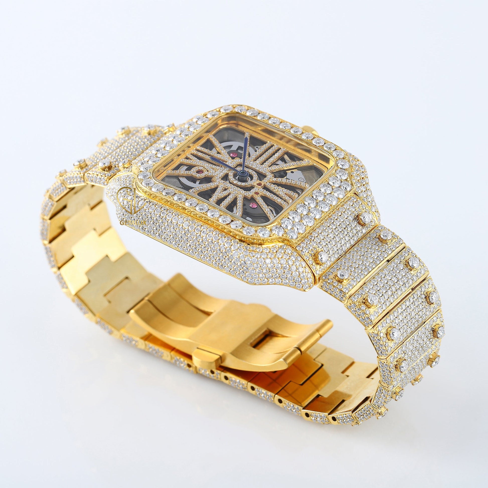 Skelton Dial Yellow Gold Plated Iced Out D VVS Moissanite Watch