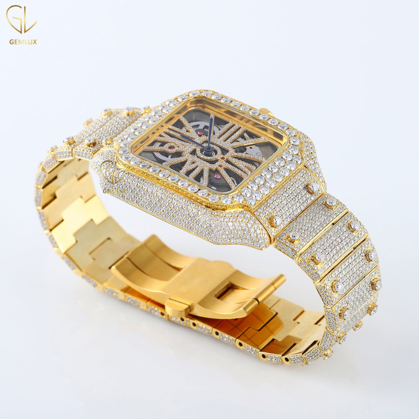 Yellow Gold Plated Skeleton Square Dial Lab Grown Diamond Watch