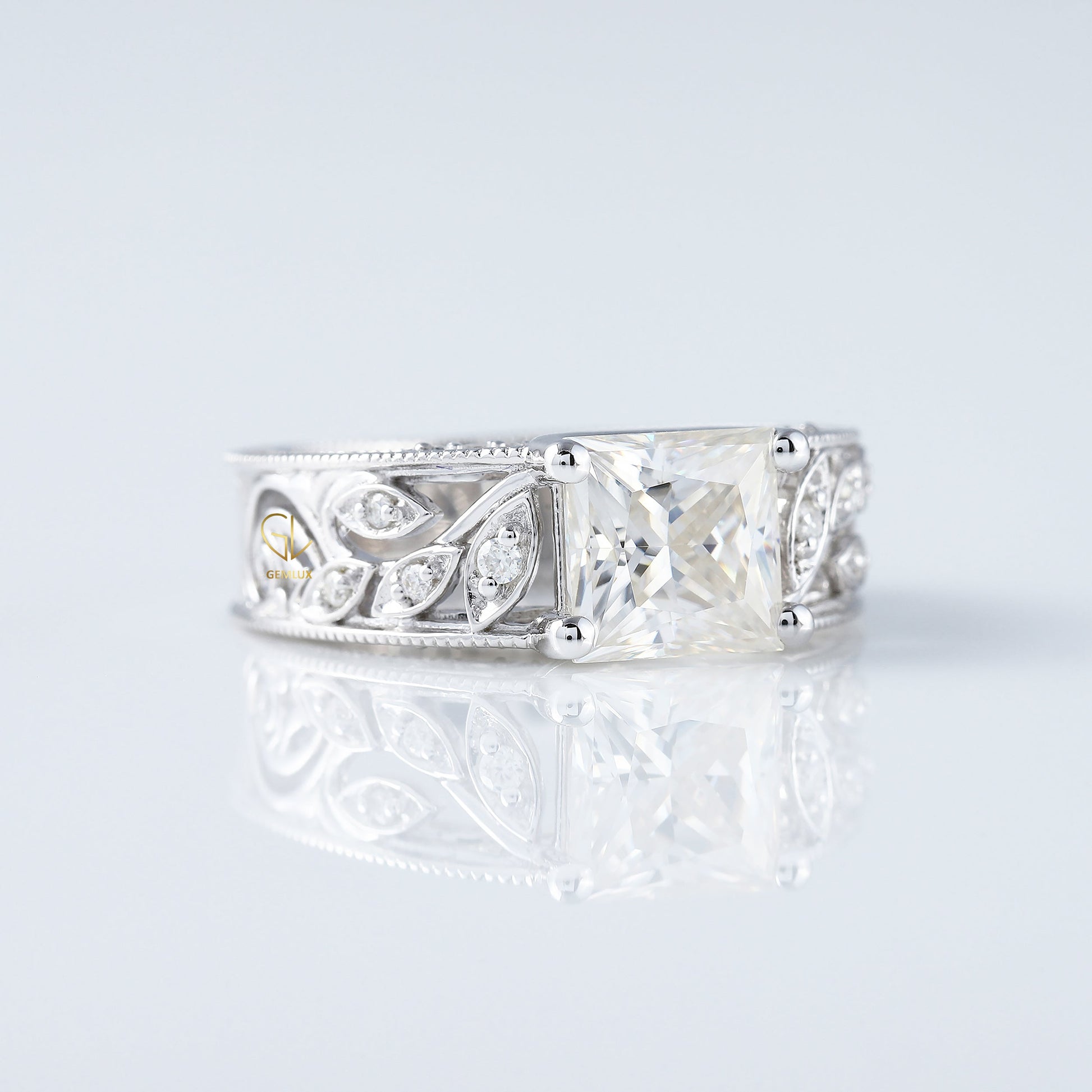 Leaf Inspired Princess Cut Lab Grown Art Deco Filigree Wedding Band