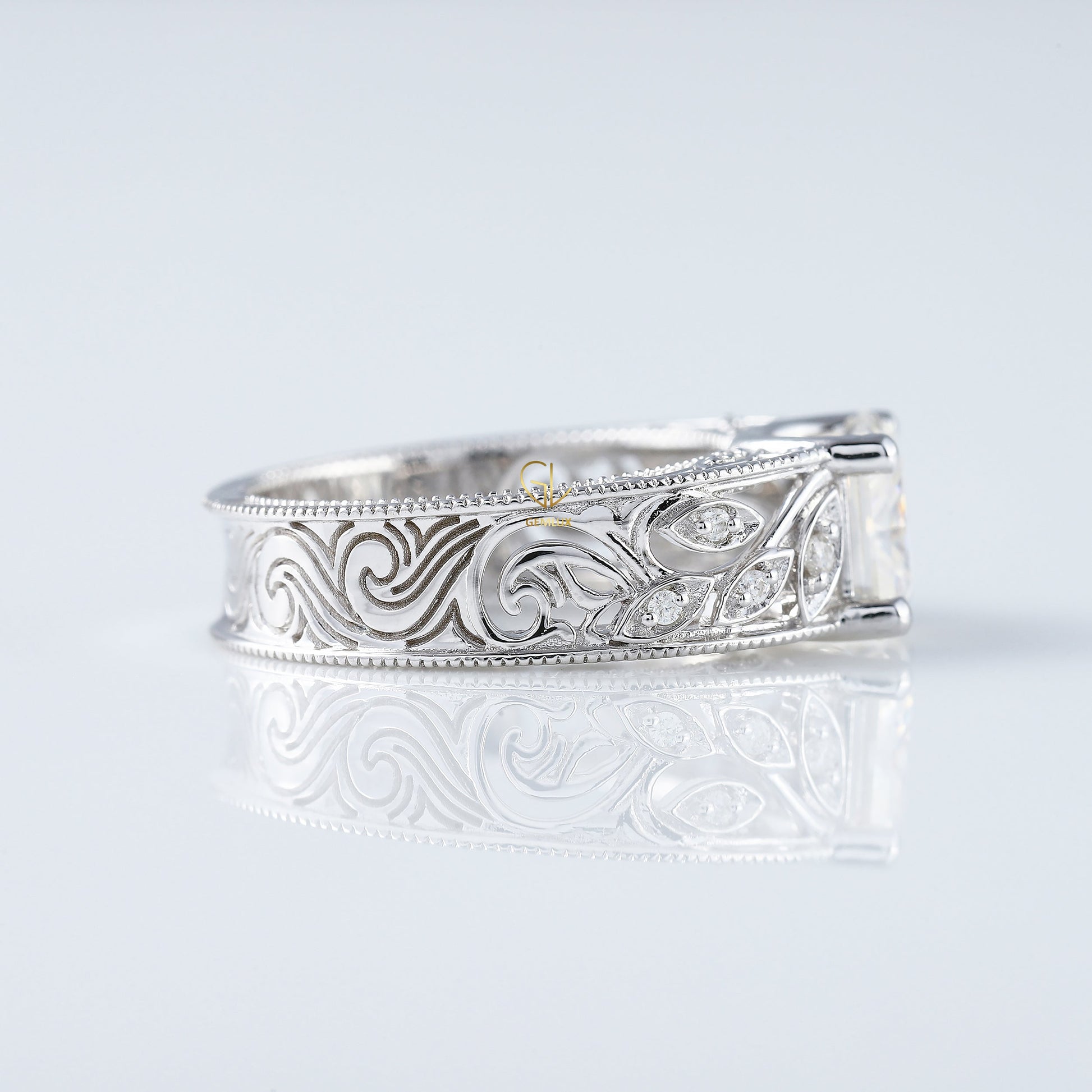 Leaf Inspired Princess Cut Lab Grown Art Deco Filigree Wedding Band