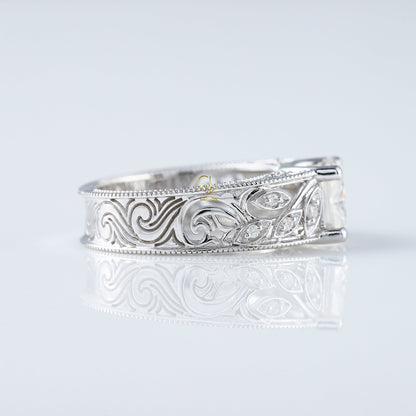 Leaf Inspired Princess Cut Lab Grown Art Deco Filigree Wedding Band