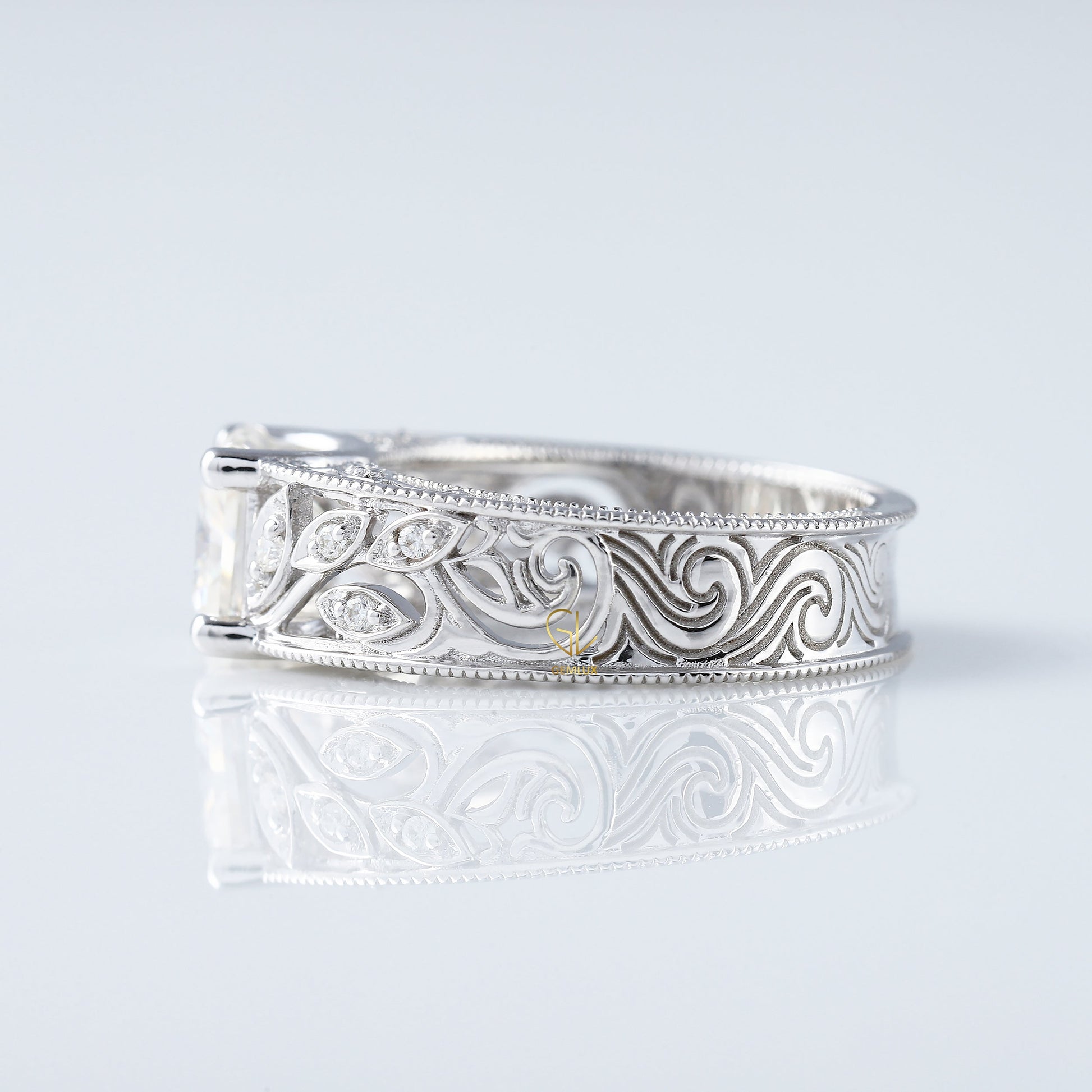 Leaf Inspired Princess Cut Lab Grown Art Deco Filigree Wedding Band