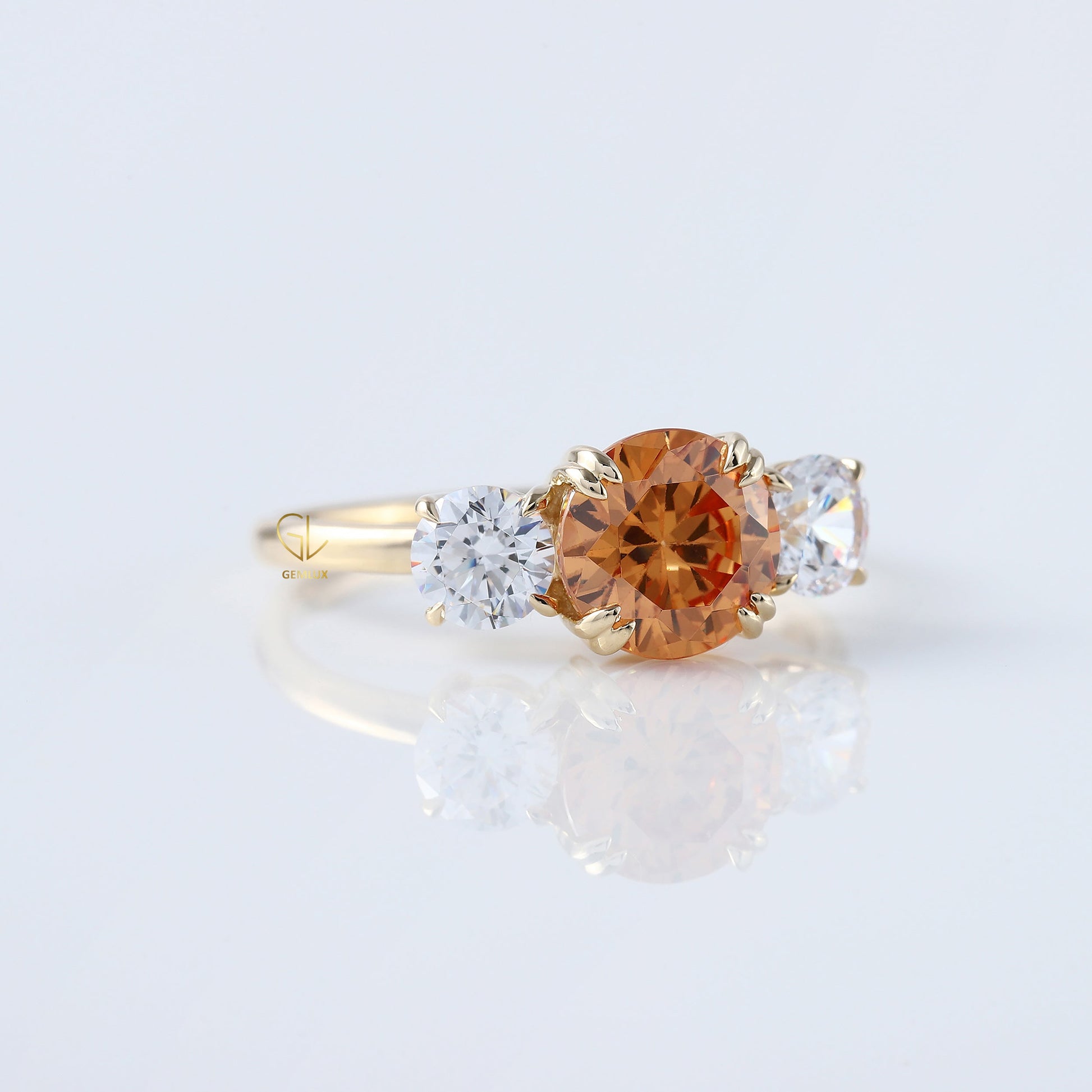 Round Cut Champagne Moissanite Three Stone Ring